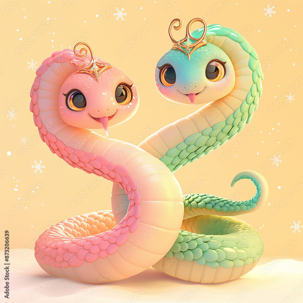 Fototapeta premium 2025 Two cartoon snakes are sitting next to each other on a yellow background. The snakes are green and pink, and they appear to be hugging each other. The image has a playful and friendly mood