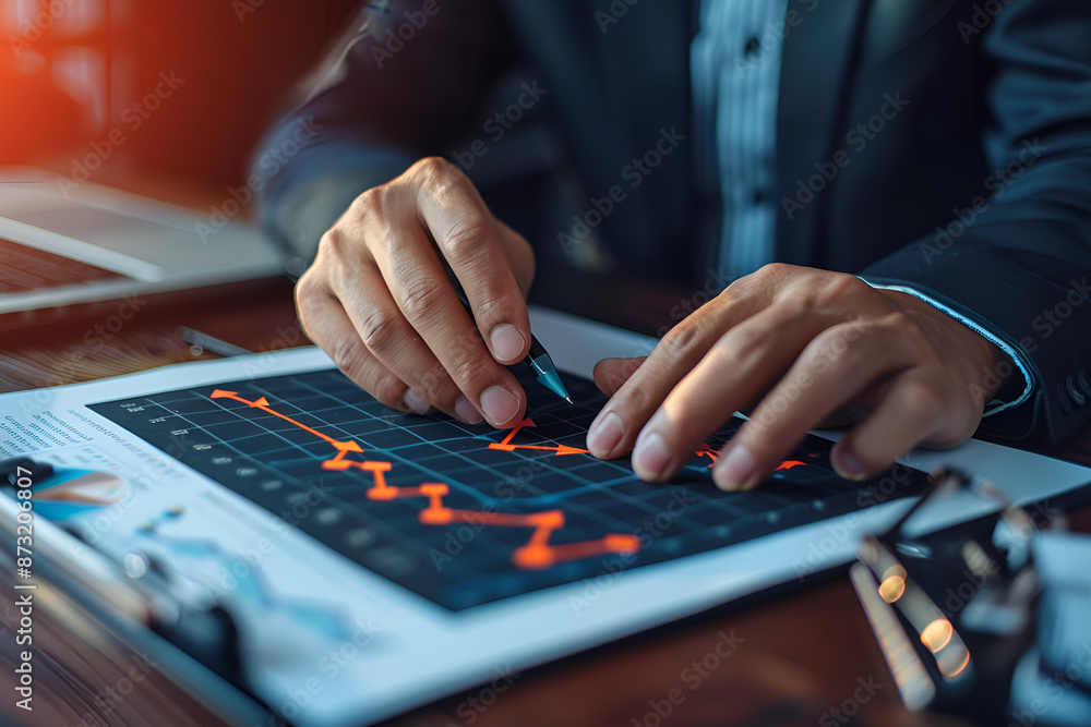 A person is pointing at a graph on a computer screen. Increasing diagram of inflation rate on virtual screen laptop. Inflation and stagnation. Abstract graphic symbolizing the economy of country A person is pointing at a graph on a computer screen. Increasing diagram of inflation rate on virtual screen laptop. Inflation and stagnation. Abstract graphic symbolizing the economy of country