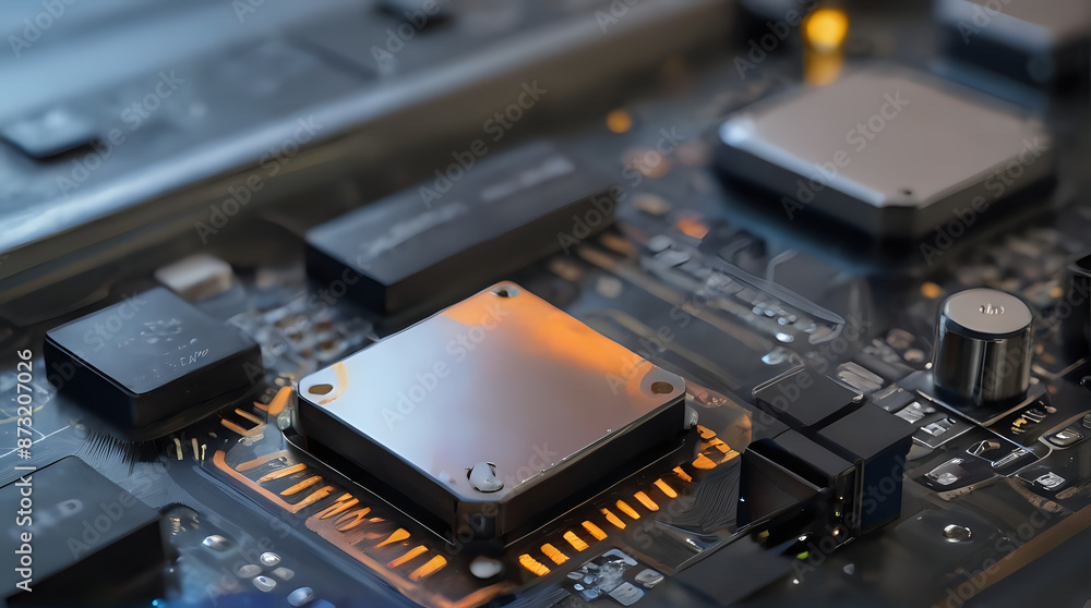 a close up of a computer motherboard with a small metal device a close up of a computer motherboard with a small metal device