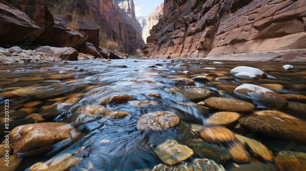 A clear river flowing over smooth stones in a deep canyon, with steep rock walls rising on either side. A clear river flowing over smooth stones in a deep canyon, with steep rock walls rising on either side.