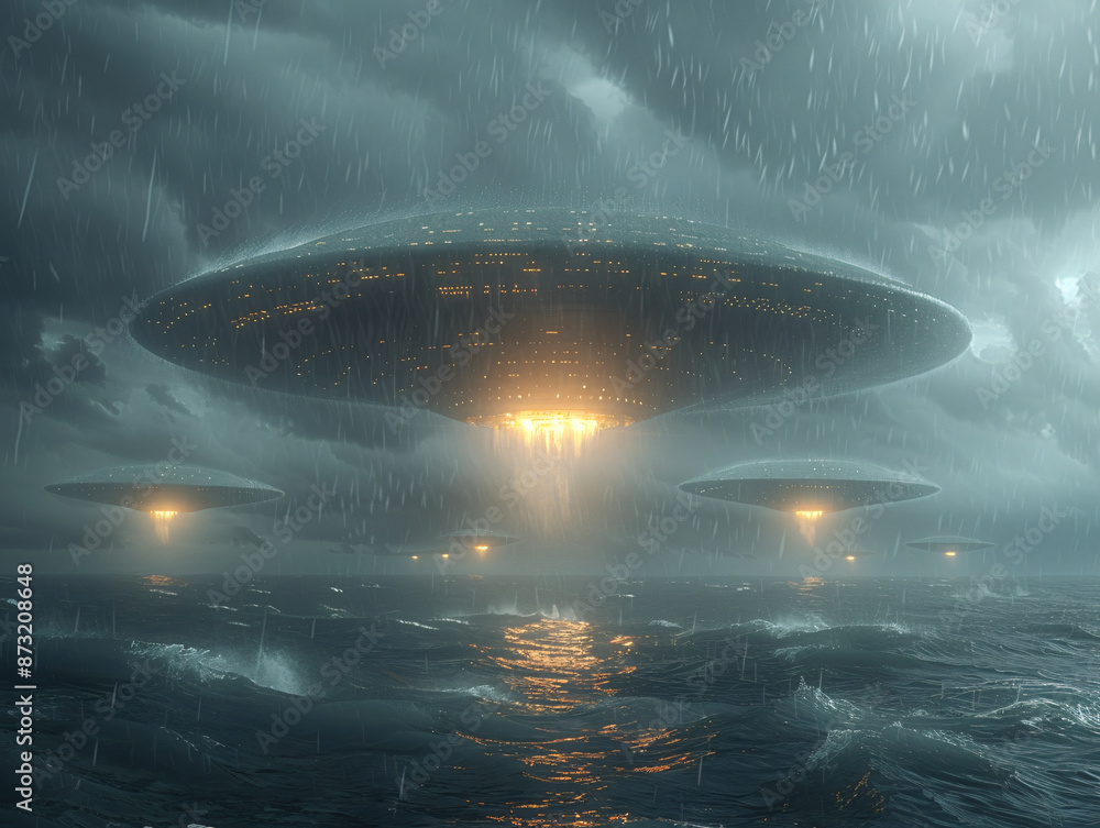 Obraz premium a futuristic scene of a UFO hovering over a body of water, surrounded by lightning, with rain falling, and the sky is dark and stormy.