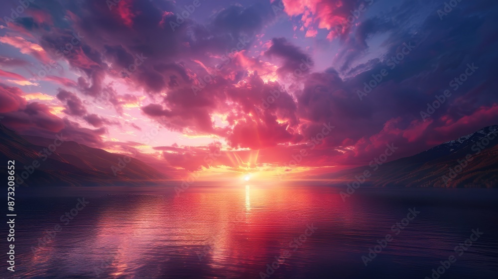 : A dramatic sky over a serene lake at sunset