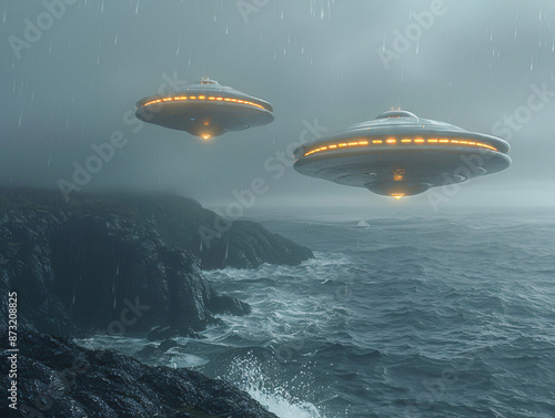 a futuristic scene of a UFO hovering over a body of water, surrounded by lightning, with rain falling, and the sky is dark and stormy.