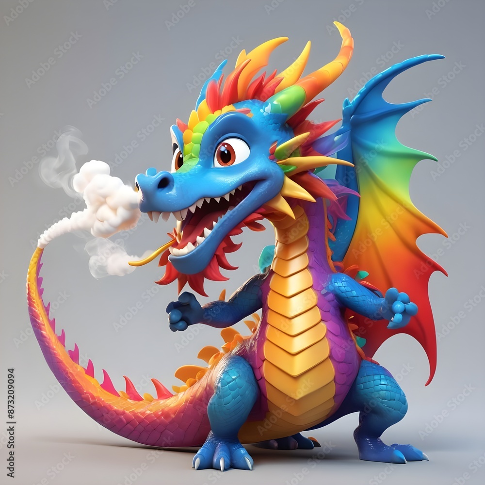 Fototapeta premium A 3D cartoon dragon with bright, colorful scales, playfully blowing smoke rings.
