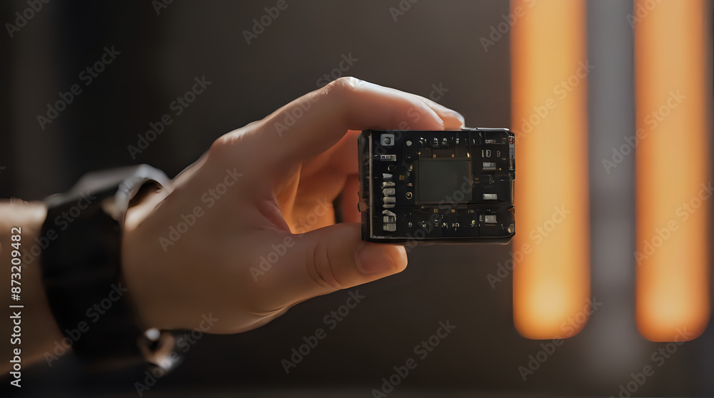 Obraz premium someone holding a small camera in their hand with a blurry background