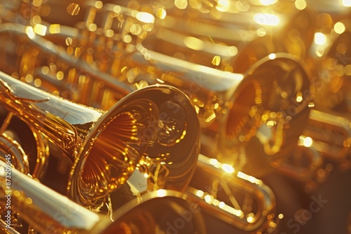 A close-up of a marching band's brass instruments, gleaming in the sunlight, showcasing their intricate details and vibrant colors. The image captures the energy and excitement of a live performance.