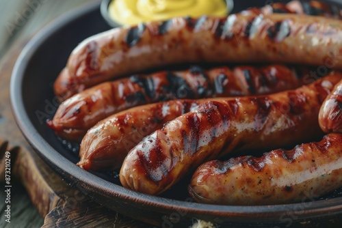 A close-up of a plate piled high with mouthwatering Bratwurst sausages, grilled to perfection and served with tangy mustard. 