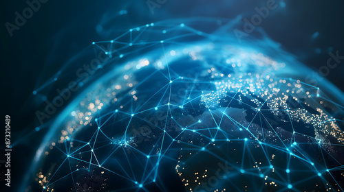 Global Network Connections Illuminated with Light in Dark Background