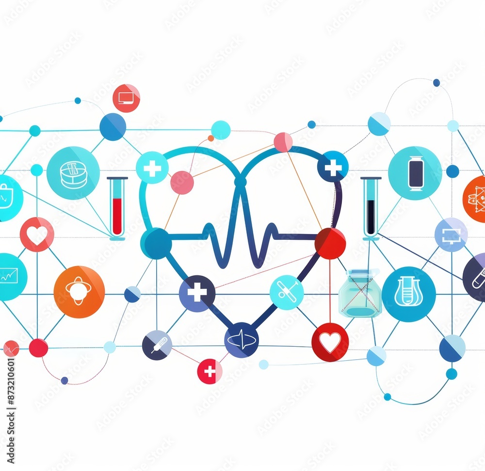 A long abstract background with interconnected round icons for health care, medicine and healthy lifestyle A long abstract background with interconnected round icons for health care, medicine and healthy lifestyle