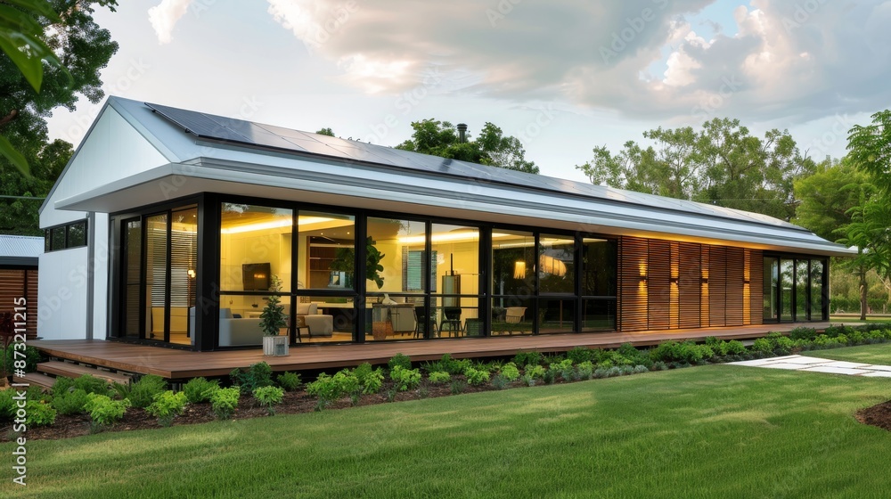 A modern eco-friendly house with solar panels on the roof, large windows for natural light, and a green garder A modern eco-friendly house with solar panels on the roof, large windows for natural light, and a green garder