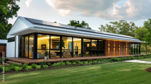 A modern eco-friendly house with solar panels on the roof, large windows for natural light, and a green garder