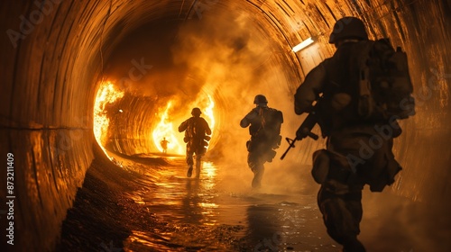 Soldiers run inside a burning pipe during military training exercises