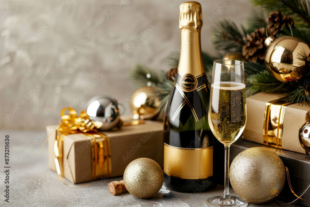 Naklejka premium Merry Christmas and Happy New Year festive background with champagne and glass