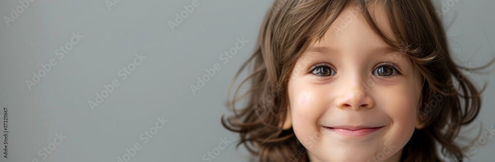 Smiling little girl with brown hair closeup portrait of innocence and joy positive emotions and happiness concept Smiling little girl with brown hair closeup portrait of innocence and joy positive emotions and happiness concept