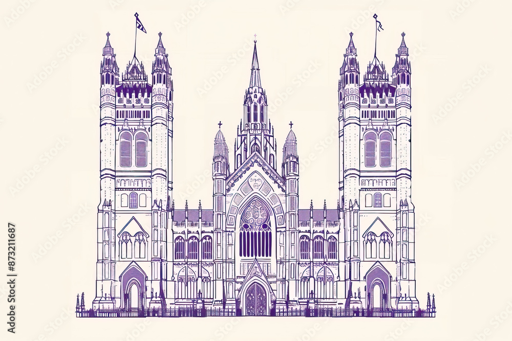 Fototapeta premium Risograph riso print travel poster, card, wallpaper banner illustration, modern, clear, simple of Westminster Abbey, London, England. Artistic, landmark printing, stencil backdrop background