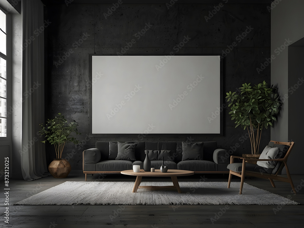 large white empty screen in a living room interior on an empty dark wall background,3D rendering design large white empty screen in a living room interior on an empty dark wall background,3D rendering design