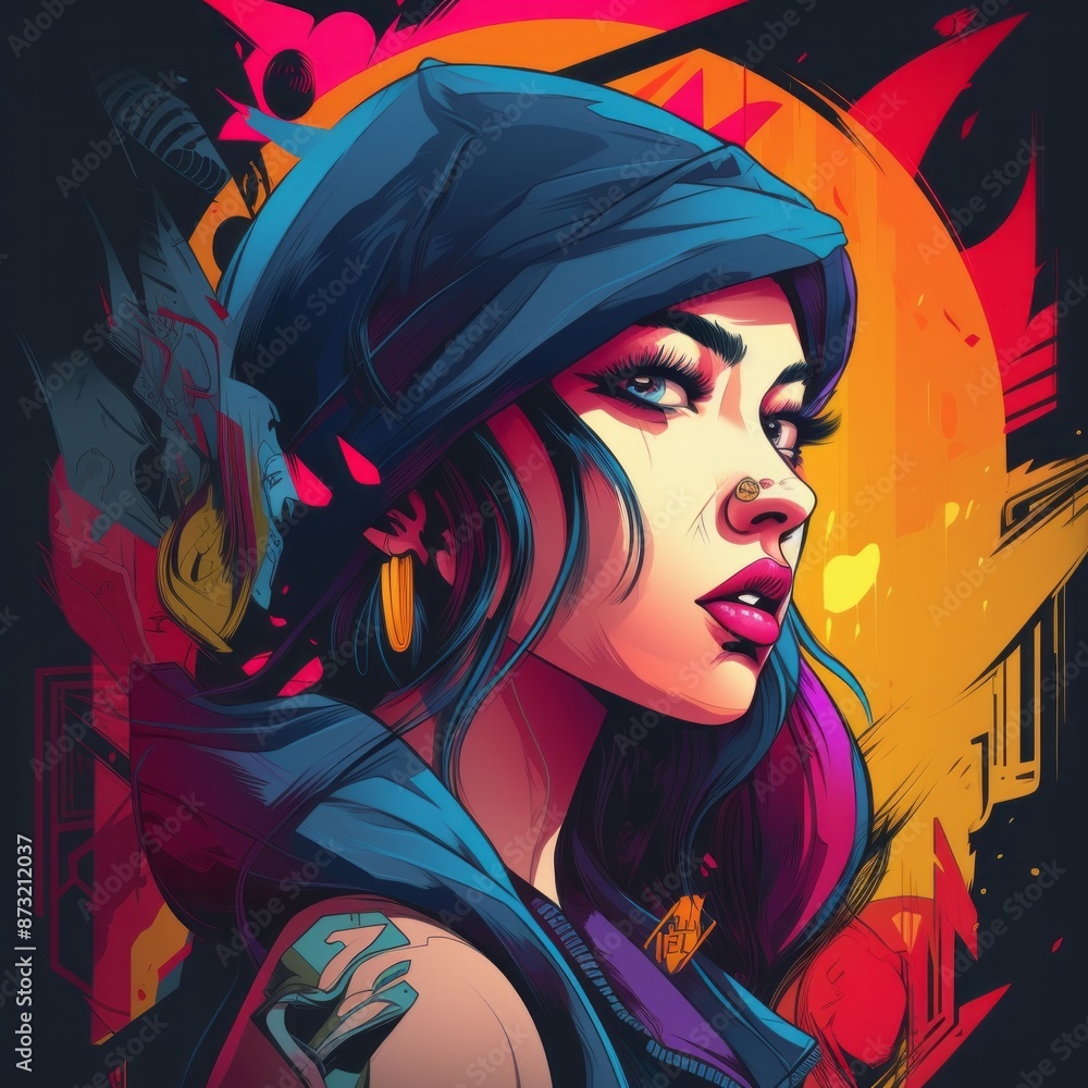 Naklejka premium A vibrant painting of a lady adorned in a hood and earrings, reflecting artistry and creativity with a mix of purple hues and cool tones