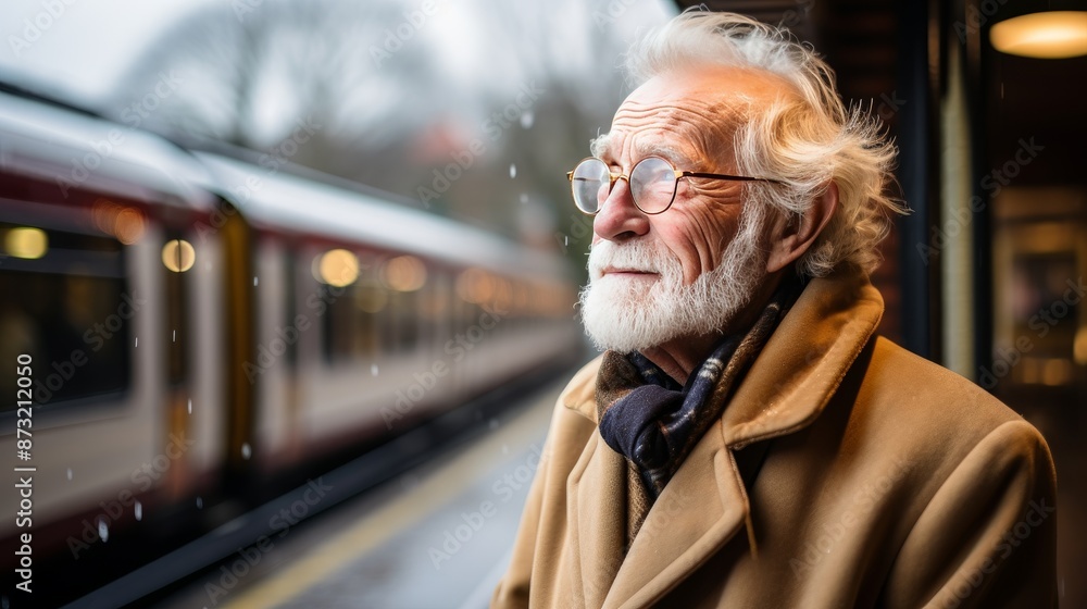 Man in station hall tearfully watches departing train, saying goodbye to loved one Man in station hall tearfully watches departing train, saying goodbye to loved one