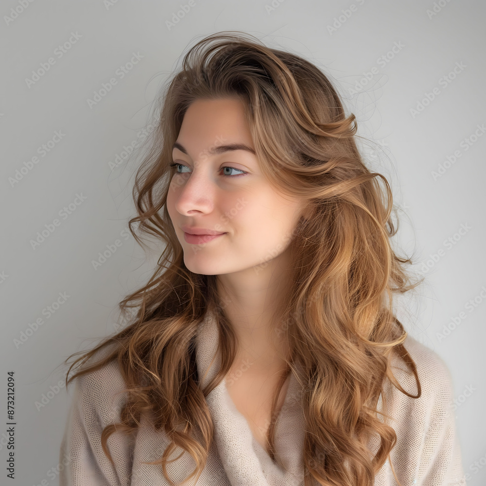 Fototapeta premium Tranquil Young Woman with Gorgeous Flowing Hair and Soft Smile