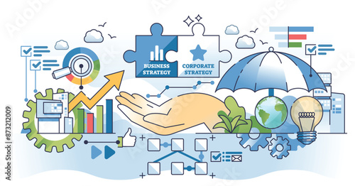 Business strategy vs corporate strategy planning outline hands concept. Company short and long term vision plan to achieve target objectives with successful development results vector illustration.