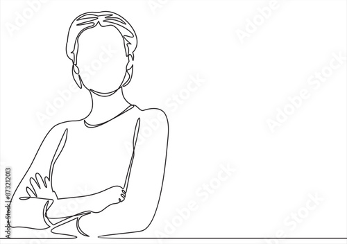 Single one line drawing of young smart businesswoman standing and cross her arms on chest. Business finance growth minimal concept. Modern continuous line draw design graphic vector illustration