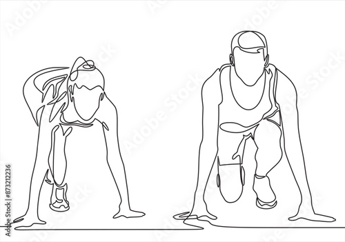 Man and woman low start position running. Running competition or gender race. Faster sportsman achieve victory. Sport challenge for couples. Everyone has chance. Equal forces concept.