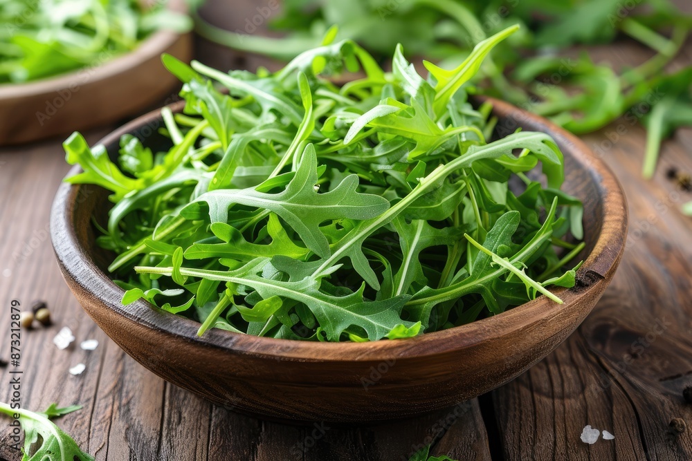 A bowl of green leafy vegetables sits on a wooden table. The bowl is filled with a variety of greens, including spinach and lettuce. Concept of freshness and health, as the vegetables are vibrant A bowl of green leafy vegetables sits on a wooden table. The bowl is filled with a variety of greens, including spinach and lettuce. Concept of freshness and health, as the vegetables are vibrant