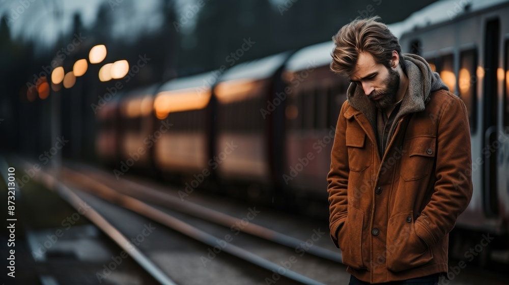 Fototapeta premium Middle aged man wiping tears on station platform after emotional farewell to loved one