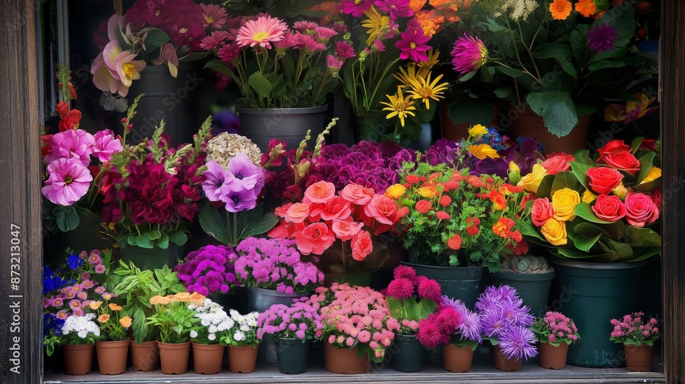 A vibrant display of colorful potted flowers and bouquets in a shop window. A vibrant display of colorful potted flowers and bouquets in a shop window.