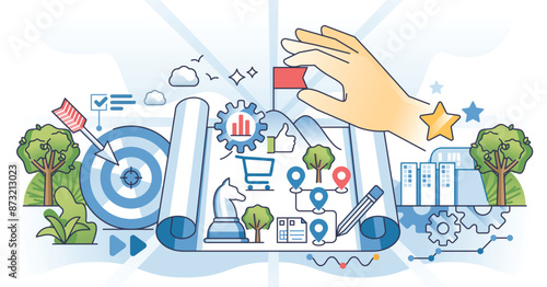 Brand positioning strategies for sales commerce market outline hands concept. Product awareness, company advertisements and marketing campaign planning vector illustration. Customer niche strategy.