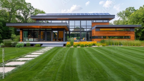 A modern eco-friendly house with solar panels on the roof, large windows for natural light, and a green garder