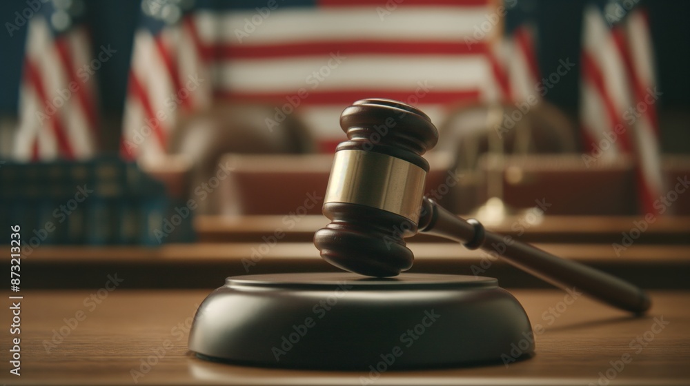 A wooden gavel is resting on a sound block with the handle extending to the right. Blurred American flags are in the background. A wooden gavel is resting on a sound block with the handle extending to the right. Blurred American flags are in the background.