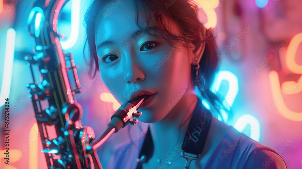 Enigmatic Woman Surrounded by Neon Glow in Urban Nightlife Setting Enigmatic Woman Surrounded by Neon Glow in Urban Nightlife Setting
