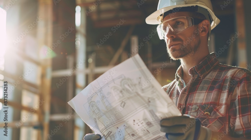 Diligent Civil Engineer Analyzing Blueprints at Site Diligent Civil Engineer Analyzing Blueprints at Site