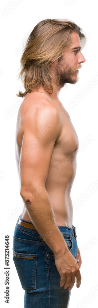 Young handsome shirtless man with long hair showing sexy body over isolated background looking to side, relax profile pose with natural face with confident smile. Young handsome shirtless man with long hair showing sexy body over isolated background looking to side, relax profile pose with natural face with confident smile.
