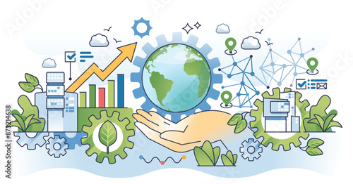Business strategy environment for green development outline hands concept. Ecology and sustainable growth for future conservation vector illustration. ESG management for corporate responsibility goal