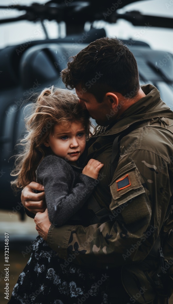 Fototapeta premium Emotional farewell at military airfield soldier embracing tearful wife and child before departure