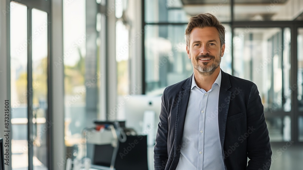 Confident professional man smiling in a sunlit, modern office workspace. Confident professional man smiling in a sunlit, modern office workspace.