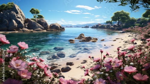 Fototapeta Naklejka Na Ścianę i Meble -  pink flowers in the front of house hd 8k wallpaper photographic image 