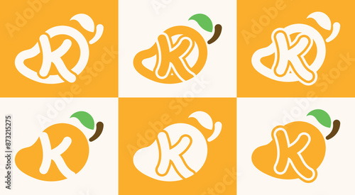 Set of letter K mango logo. This logo combines letters and a mango fruit. Perfect for fruit shops, juice store, farms, and the like.