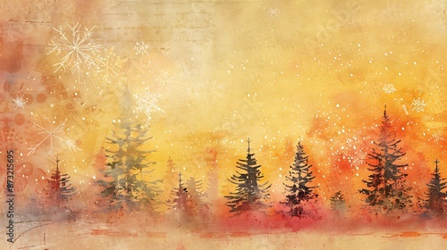 Elegant Christmas scene on a yellow-orange background with distressed vintage texture and watercolor stains, simple and vibrant, primary colors