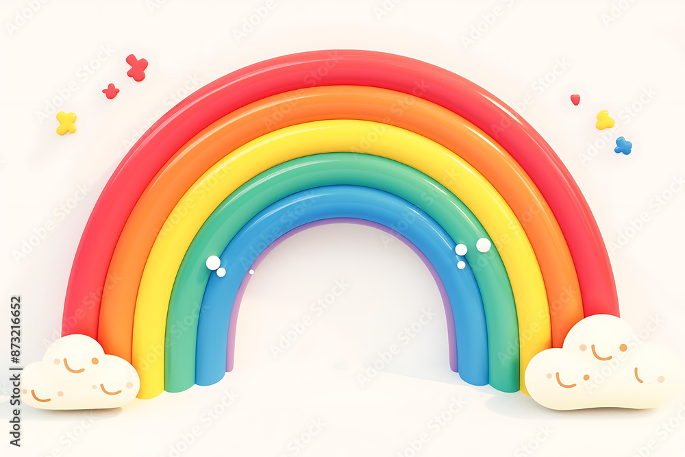 Cartoon rainbow rendered on a white background, featuring bright and vibrant colors in a smooth, arched shape, perfect for cheerful and playful designs.