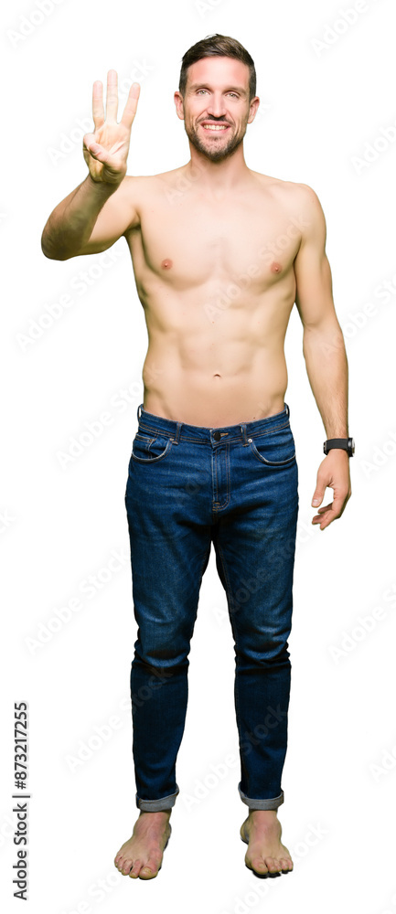 Handsome shirtless man showing nude chest showing and pointing up with fingers number three while smiling confident and happy. Handsome shirtless man showing nude chest showing and pointing up with fingers number three while smiling confident and happy.