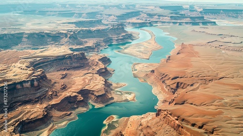 River, Lake Powell and Canyon looking down aerial view from above photo