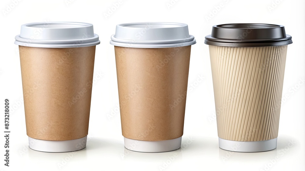 Set of realistic blank mock up paper cups with plastic lid. Coffee to go, take out mug. illustration isolated on white and can be use for any backgrounds. Set of realistic blank mock up paper cups with plastic lid. Coffee to go, take out mug. illustration isolated on white and can be use for any backgrounds.
