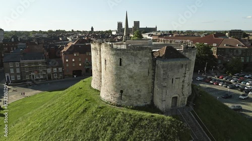 Clifford's Tower, York aerial orbit, North Yorkshire, England photo