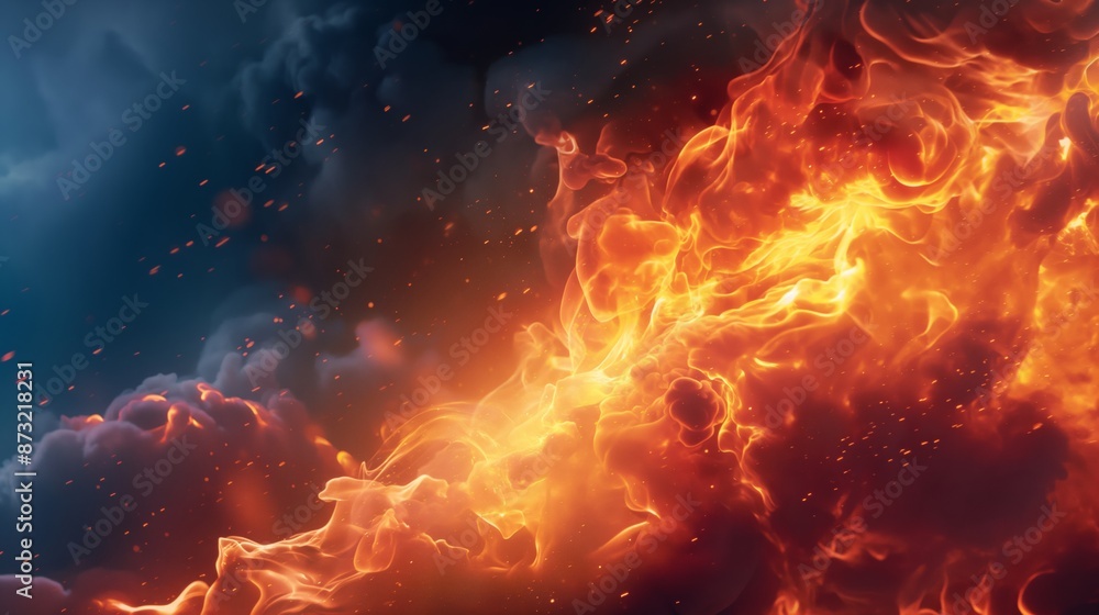 Fiery flames and smoke rising against a dark sky. Fiery flames and smoke rising against a dark sky.