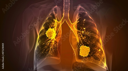 Revealing Advanced Lung Cancer: X-ray Image with Yellow Tumors Overlay on Dark Gradient Background