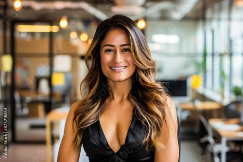 Free Download Confident businesswoman smiling in a modern office setting. Professional and successful female in corporate environment. - GFXLoad