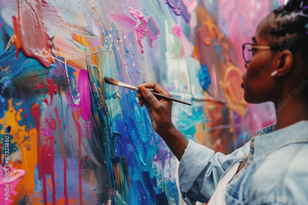 Fototapeta premium Young African American woman in glasses holding a brush and painting an abstract picture in bright colors. Hobby, art or painting workshop theme. 